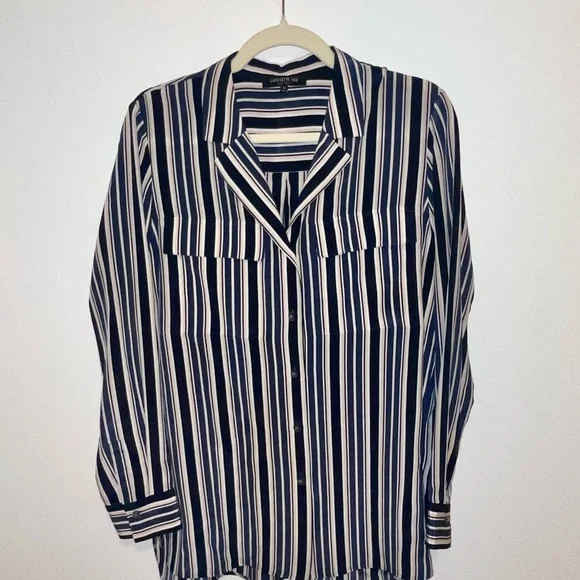 Lafayette 148 NY 100% Silk Blouse Navy Beige White Striped Long Sleeves W SZ M - Picture 2 of 8
